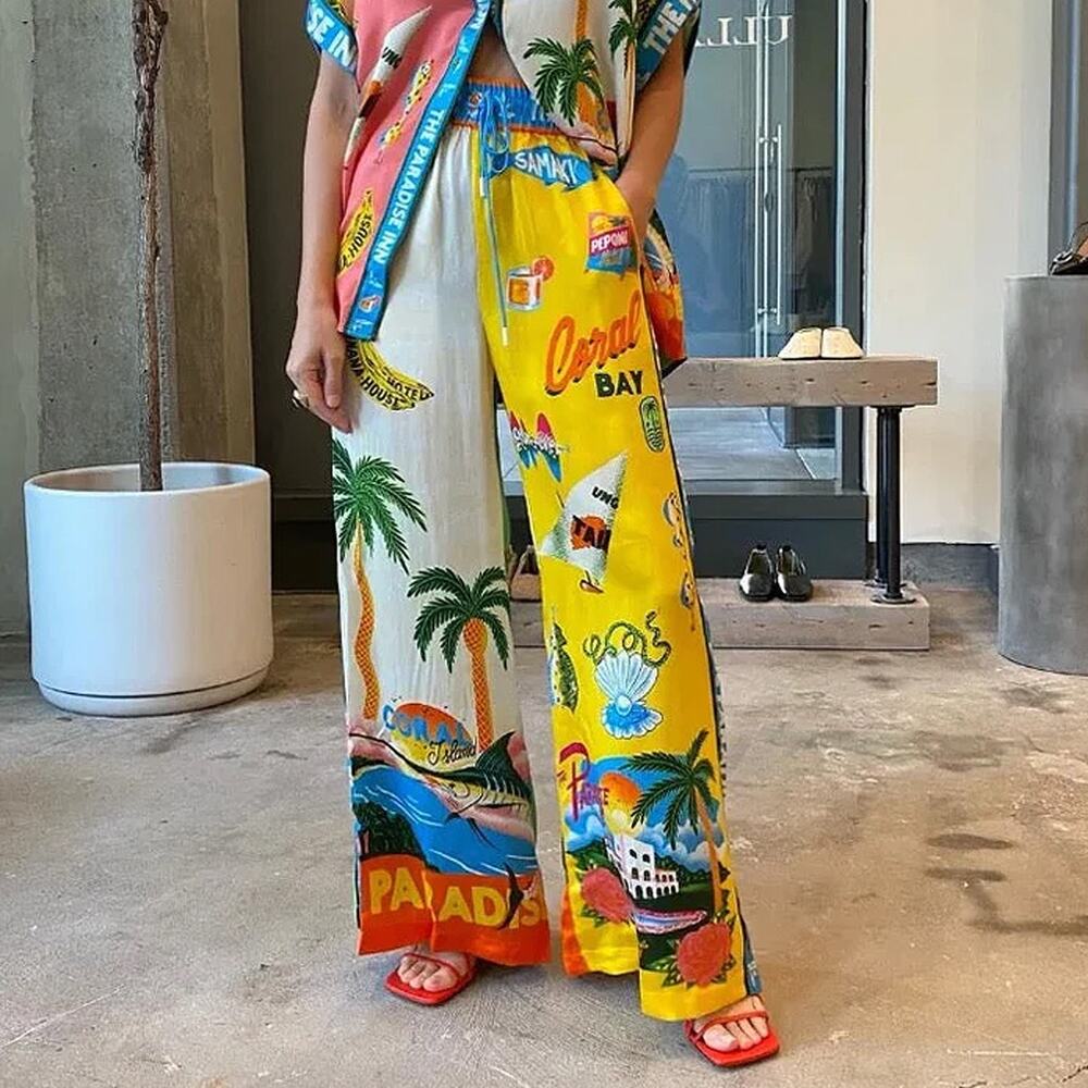 Sunday Up Tropical Paradise Resortwear Wide Leg Pants Size S